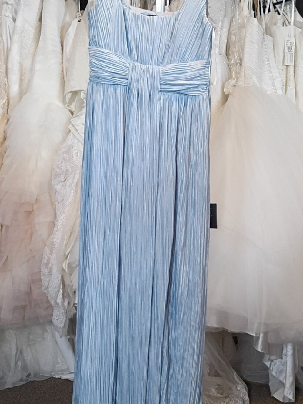NWT Ameena Light Blue Plisse Square Neck Sash Maxi Dress - Picture 6 of 10